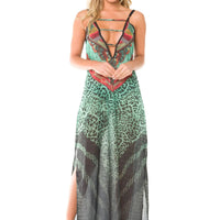 Mandotos Africa long dress featuring vibrant African print fabric and flowing design, perfect for elegant occasions.