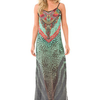 Mandotos Africa long dress featuring vibrant African print fabric and flowing silhouette, perfect for elegant occasions.