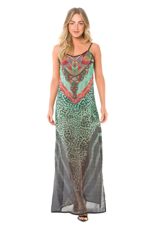 Mandotos Africa long dress featuring vibrant African print fabric and flowing silhouette, perfect for elegant occasions.