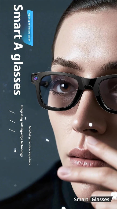 Mandotos AI Camera Smart Glasses with built-in camera, sleek design, and adjustable frame for hands-free recording and photography.
