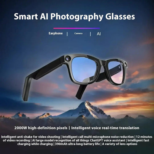 Mandotos AI Camera Smart Glasses with built-in camera and sleek design, ideal for capturing photos and videos on the go.