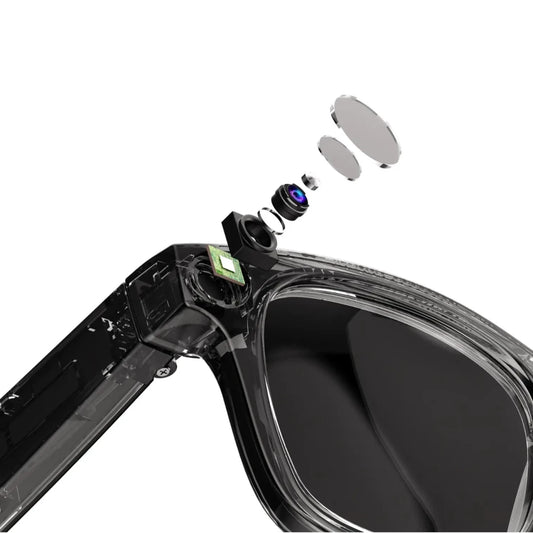 Mandotos AI Camera Smart Glasses with built-in camera, sleek design, and adjustable temples for hands-free recording.