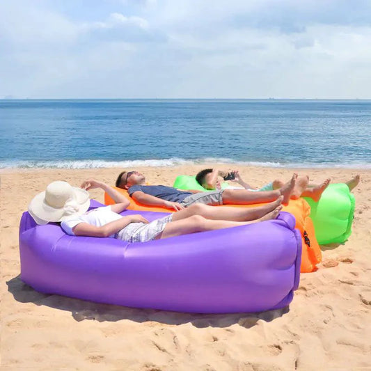 Mandotos AirLounge portable beach seat with adjustable straps and cushioned seating for comfortable relaxation outdoors.