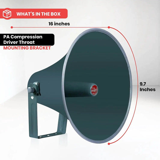 All-weather 16-inch PA speaker horn by MANDOTOS, showing a durable outdoor sound projection device with mounting hardware.