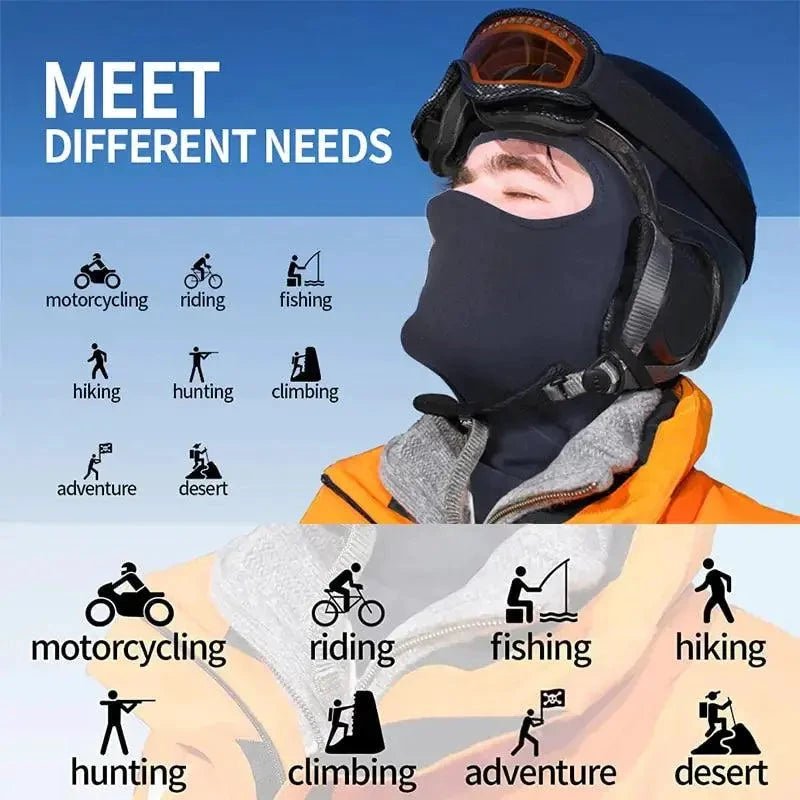 Mandotos Alpine full face cover in black, designed for full head and face protection during outdoor activities.