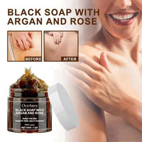 Mandotos Argan Rose Black Soap bar with natural ingredients, featuring a dark color and floral rose scent for skincare.