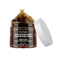 Mandotos Argan Rose Black Soap bar with natural ingredients, showcasing a dark, textured soap with rose and argan oil hints.