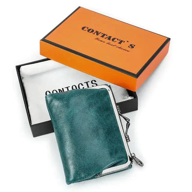 Mandotos authentic leather ladies' wallet showing multiple card slots and a sleek brown design.