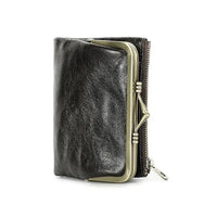 Mandotos authentic leather ladies' wallet with multiple card slots and a sleek design, displayed open showing interior compartments.