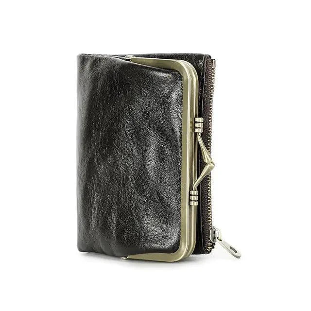Mandotos authentic leather ladies' wallet with multiple card slots and a sleek design, displayed open showing interior compartments.