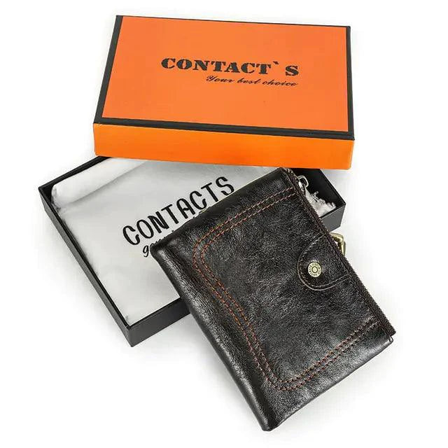 Mandotos authentic leather ladies' wallet showing multiple card slots, zipper compartment, and elegant design.