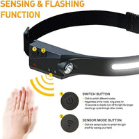 Mandotos AutoBright LED headlamp with adjustable strap and bright white light, suitable for outdoor activities and nighttime use.