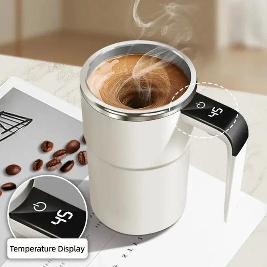 Mandotos automatic coffee blender mug with built-in blending mechanism, stainless steel body, and spill-proof lid.