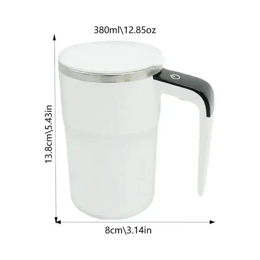 Mandotos automatic coffee blender mug with integrated blade and lid, designed for blending hot or cold beverages on the go.