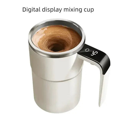 Mandotos automatic coffee blender mug with stainless steel body and lid, designed for blending and drinking coffee on the go.