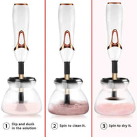 MANDOTOS automatic makeup brush cleaner with spinning brush head for quick and easy cleaning of cosmetic brushes.