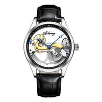 Mandotos automatic mechanical men's watch with hollow dial and silicone band, stylish and creative design.