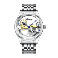 Mandotos automatic mechanical men's watch with a creative hollow design and silicone band, showcasing intricate dial details.