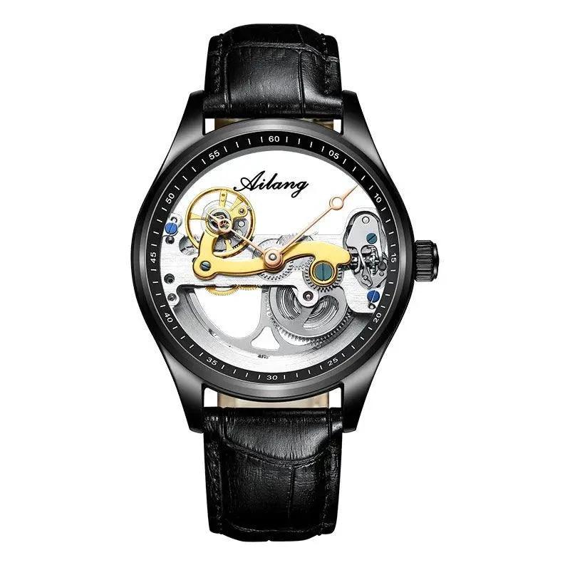 Mandotos automatic mechanical male watch with a creative hollow design and silicone band, showcasing a stylish, modern timepiece.