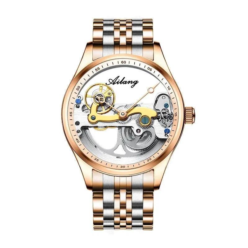 Mandotos automatic mechanical male watch with a creative hollow dial and silicone band, featuring a sleek and modern design.