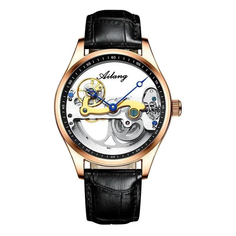 Mandotos automatic mechanical men's watch with creative hollow design and silicone band, showcasing intricate watch face details.