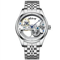 Mandotos automatic mechanical men's watch with a creative hollow dial and silicone band, showcasing intricate watch design.