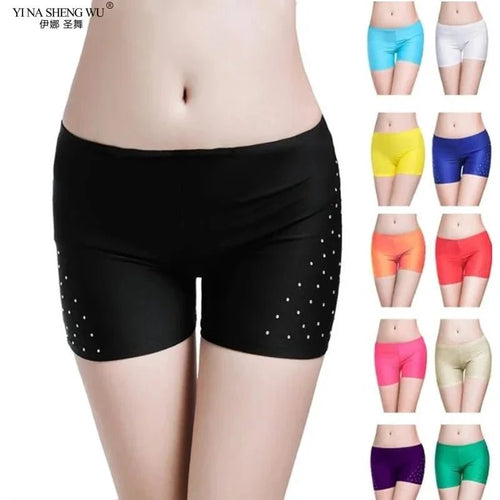Mandotos women's belly dance safety shorts with diamond embellishments, tight-fitting stretch leggings for comfortable dance practice.