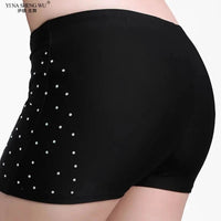 Mandotos women's belly dance safety shorts with stretch fabric, diamond accents, tight fit, and short leggings for dance practice.