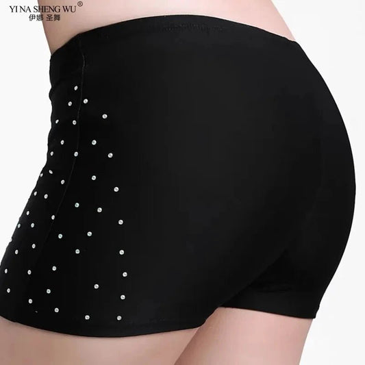 Mandotos women's belly dance safety shorts with stretch fabric, diamond accents, tight fit, and short leggings for dance practice.