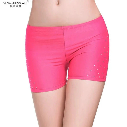 Mandotos women's belly dance safety shorts, tight-fitting stretch leggings with diamond accents, designed for dance and movement.
