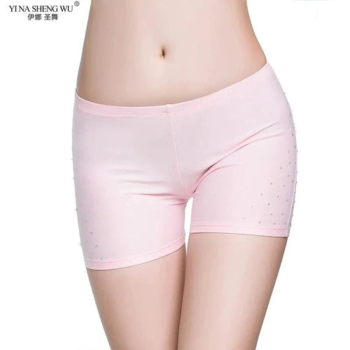 Mandotos women's belly dance safety shorts with diamond accents, stretch leggings, tight fit, and short pants for dance practice.