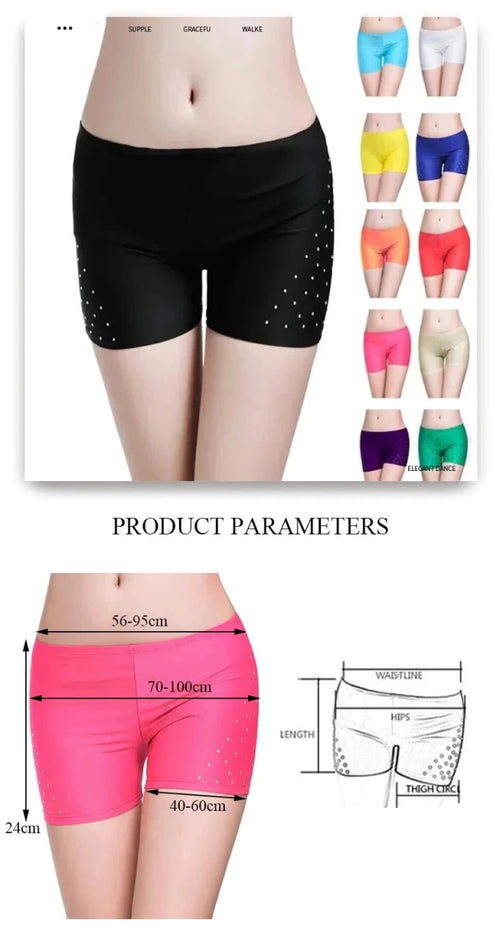 Mandotos women's belly dance safety shorts, tight-fitting stretch leggings with diamond embellishments and short, secure dance pants.