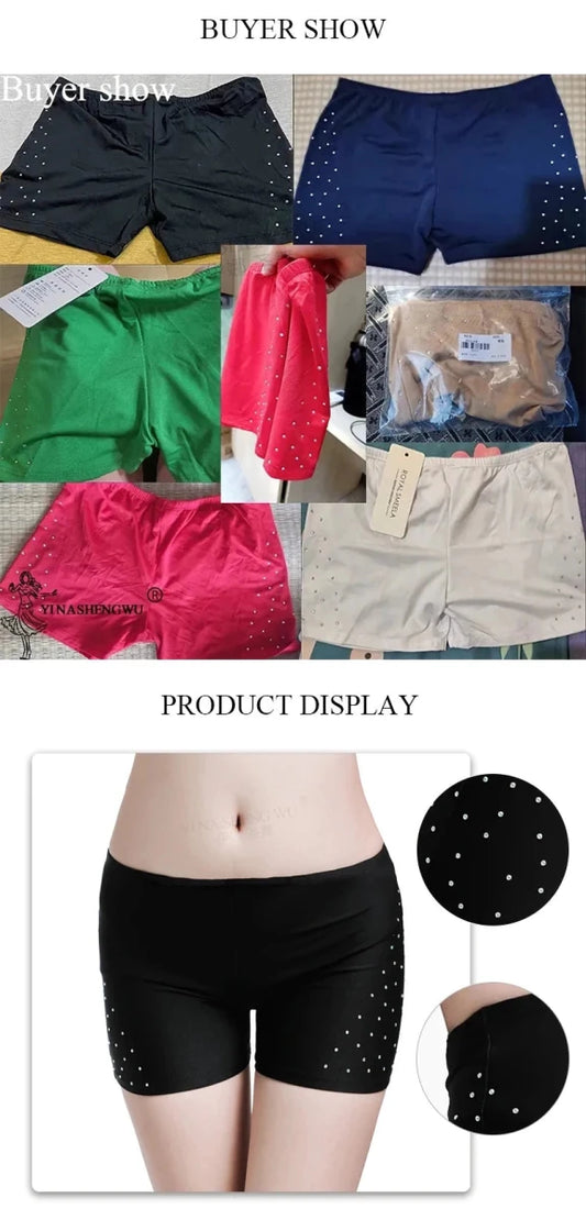 Mandotos women's belly dance safety shorts with diamond accents, stretchy, tight-fitting leggings for dance practice and performance.