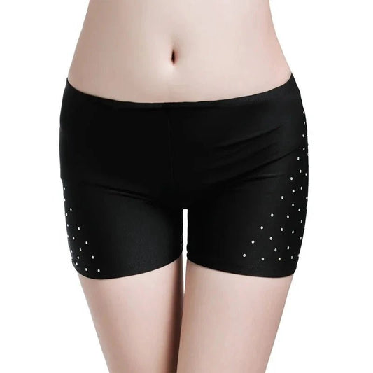 Mandotos women's belly dance safety shorts with diamond accents, tight-fitting stretch leggings for dance practice or performance.