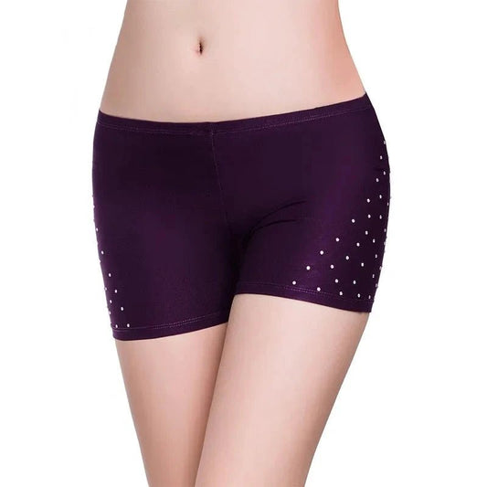 Mandotos women's belly dance safety shorts, tight-fitting stretch leggings with diamond embellishments and short pants design.