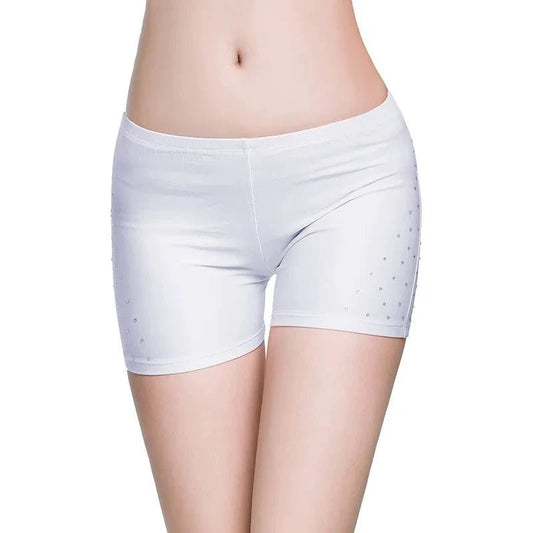 Mandotos women's belly dance safety shorts with diamond accents, tight-fitting stretch leggings for comfortable dancewear.