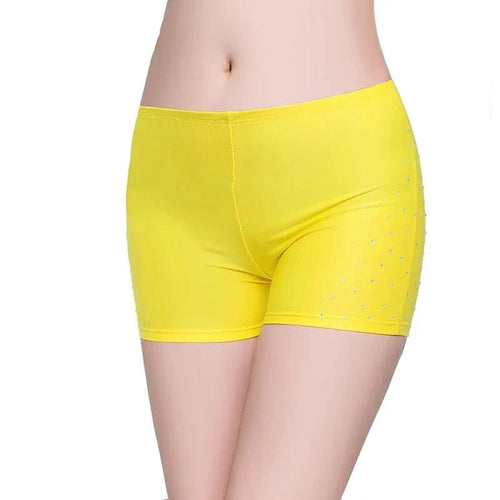 Mandotos women's belly dance safety shorts with diamond embellishments, tight-fitting stretch leggings for comfortable dance practice.