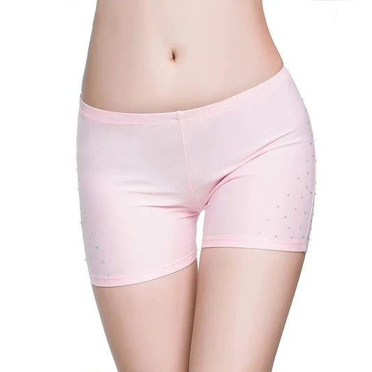 Mandotos women's belly dance safety shorts with stretch fabric, diamond accents, and tight-fitting leggings for dance and exercise.