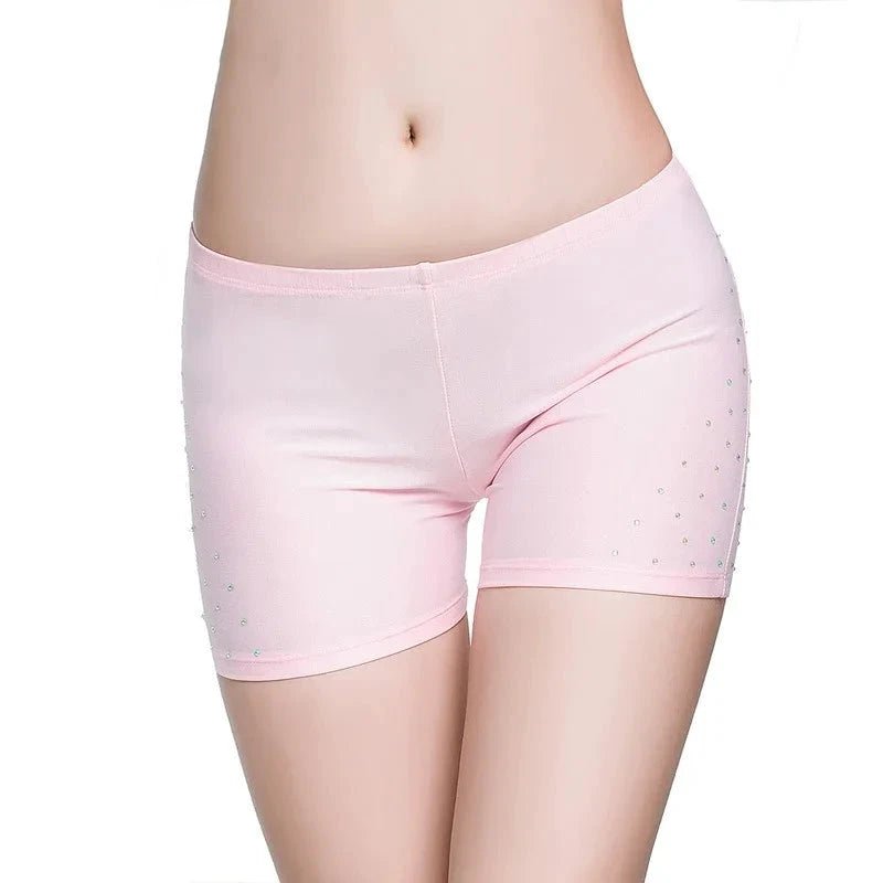 Mandotos women's belly dance safety shorts with stretch fabric, diamond accents, and tight-fitting leggings for dance and exercise.