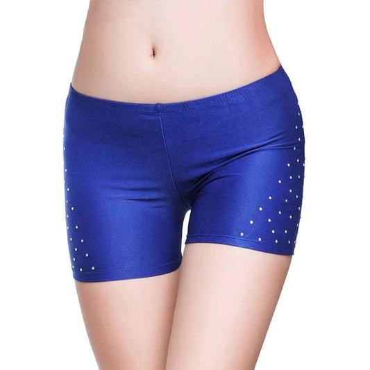 Mandotos women's belly dance safety shorts with diamond accents, tight-fitting stretch leggings for dance and active wear.