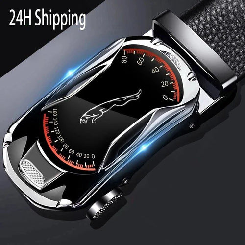 Black genuine leather men's belt with automatic buckle, 3.5cm width, stylish for jeans and sports car-inspired fashion by Mandotos.