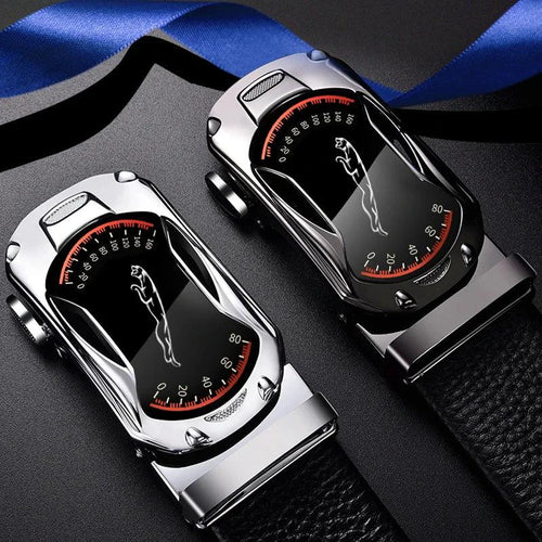 Black genuine leather men's belt with automatic buckle, 3.5cm width, designed for sports cars, high-quality fashion accessory by MANDOTOS.