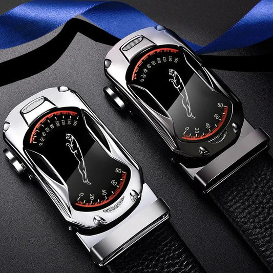 Black genuine leather men's belt with automatic buckle, 3.5cm width, designed for sports cars, high-quality fashion accessory by MANDOTOS.