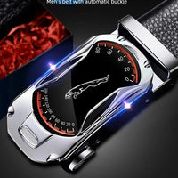 Black genuine leather men's belt with automatic buckle, 3.5cm width, suitable for jeans and sports car-inspired fashion by MANDOTOS.