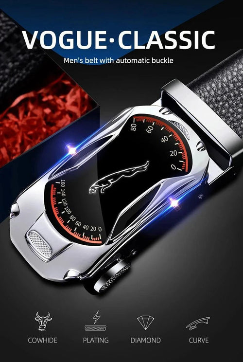 Black genuine leather men's belt with automatic buckle, 3.5cm width, suitable for jeans and sports car-inspired fashion by MANDOTOS.