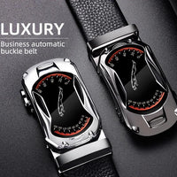 Mandotos black genuine leather men's belt with automatic buckle, 3.5cm width, ideal for jeans and sports car-inspired fashion.