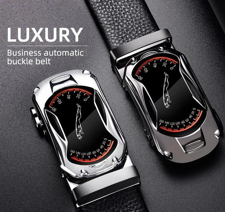 Mandotos black genuine leather men's belt with automatic buckle, 3.5cm width, ideal for jeans and sports car-inspired fashion.