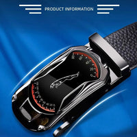 Black genuine leather men's belt with automatic buckle, 3.5cm width, designed for jeans and sports car style by MANDOTOS.