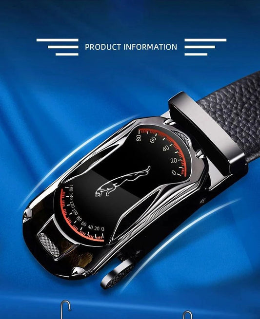 Black genuine leather men's belt with automatic buckle, 3.5cm width, designed for jeans and sports car style by MANDOTOS.