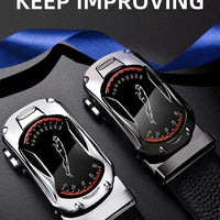 Mandotos black genuine leather men's belt with automatic buckle for 3.5cm waist, perfect for jeans and sports car-inspired style.